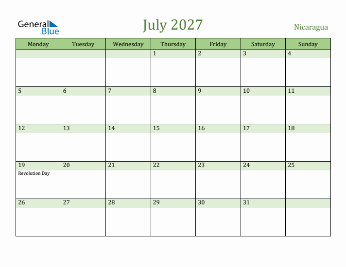 July 2027 Calendar with Nicaragua Holidays