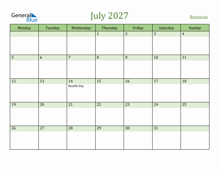 July 2027 Calendar with Reunion Holidays