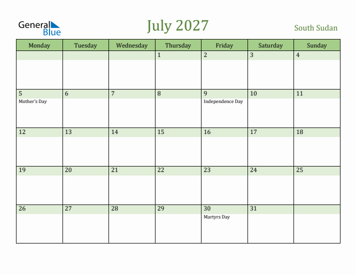 July 2027 Calendar with South Sudan Holidays