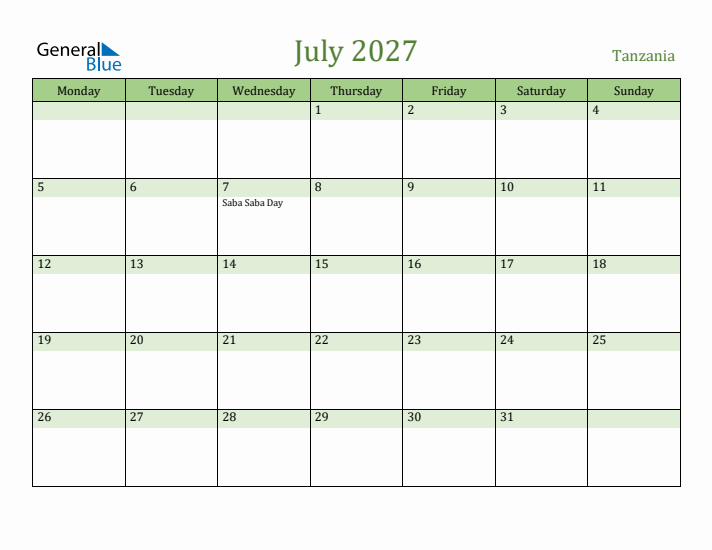 July 2027 Calendar with Tanzania Holidays