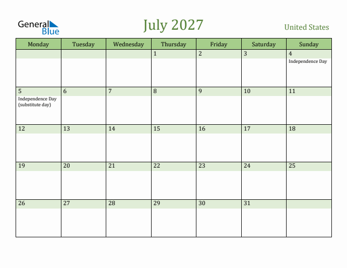 July 2027 Calendar with United States Holidays