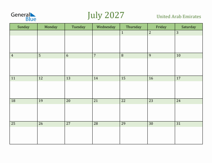 July 2027 Calendar with United Arab Emirates Holidays