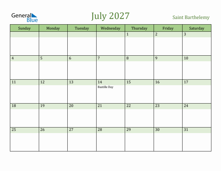 July 2027 Calendar with Saint Barthelemy Holidays