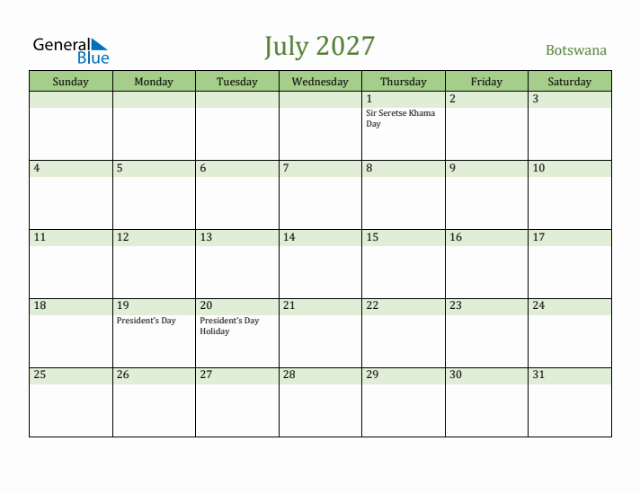 July 2027 Calendar with Botswana Holidays