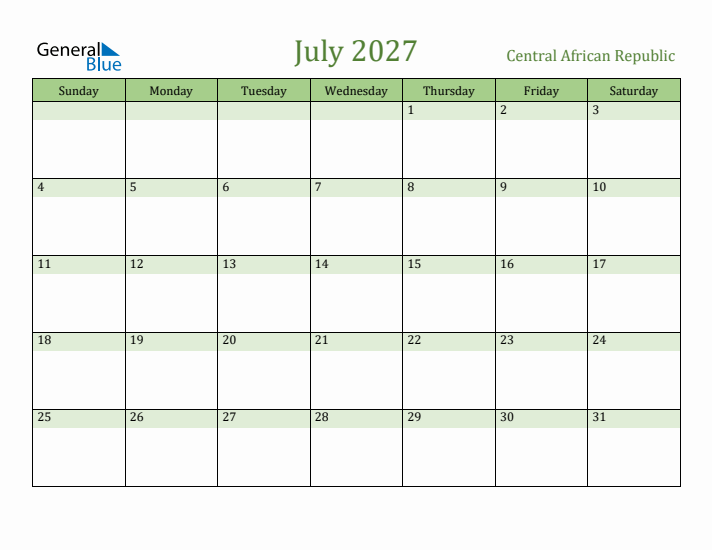 July 2027 Calendar with Central African Republic Holidays