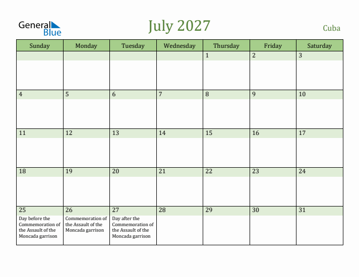 July 2027 Calendar with Cuba Holidays