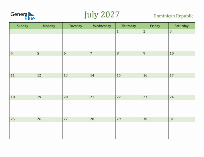 July 2027 Calendar with Dominican Republic Holidays