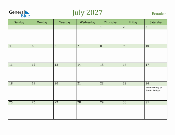 July 2027 Calendar with Ecuador Holidays