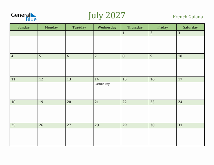 July 2027 Calendar with French Guiana Holidays