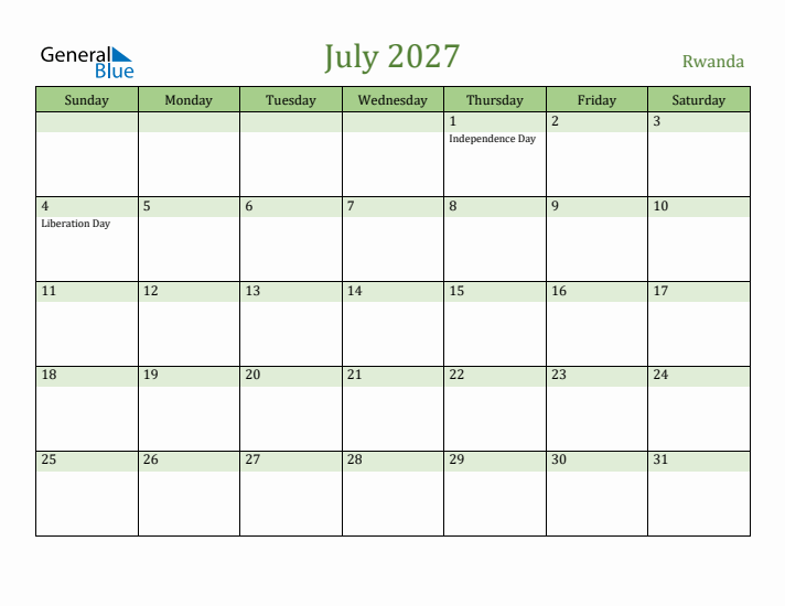 July 2027 Calendar with Rwanda Holidays