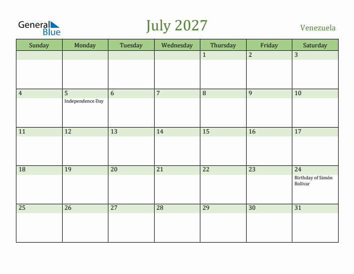 July 2027 Calendar with Venezuela Holidays