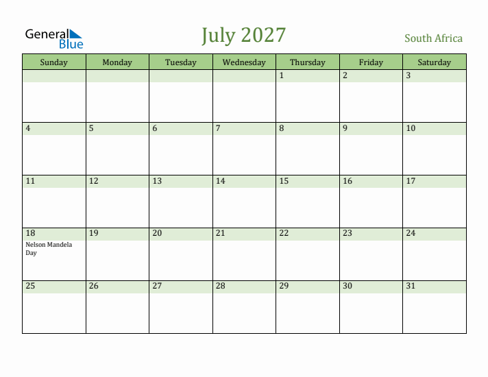 July 2027 Calendar with South Africa Holidays