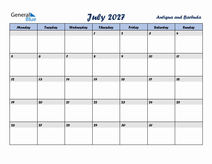 July 2027 Calendar with Holidays in Antigua and Barbuda