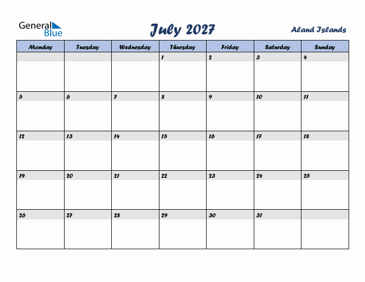 July 2027 Calendar with Holidays in Aland Islands