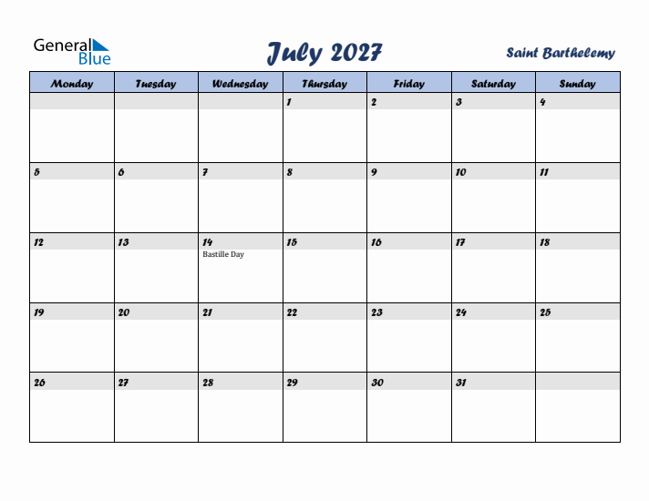 July 2027 Calendar with Holidays in Saint Barthelemy