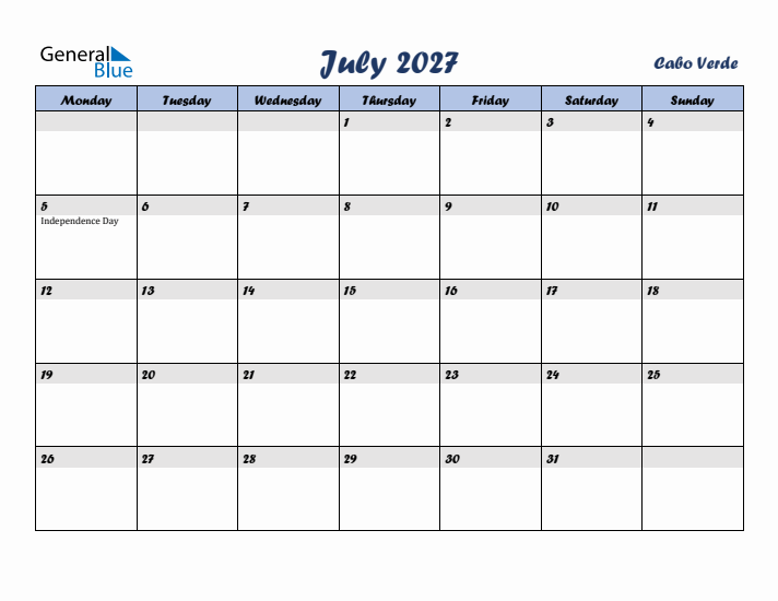 July 2027 Calendar with Holidays in Cabo Verde