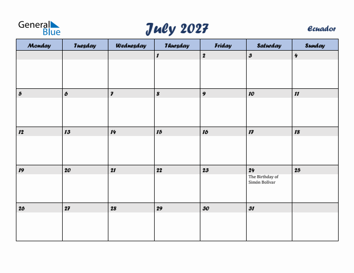 July 2027 Calendar with Holidays in Ecuador