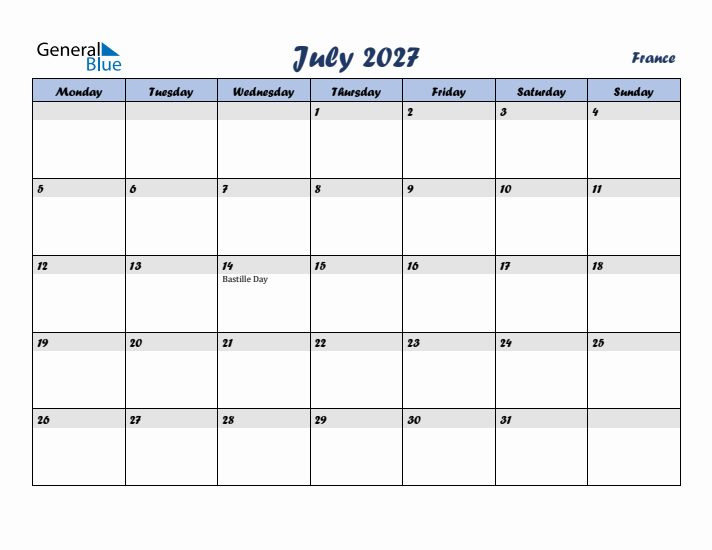 July 2027 Calendar with Holidays in France