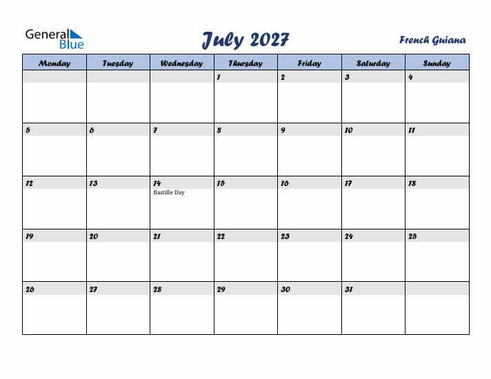 July 2027 Calendar with Holidays in French Guiana