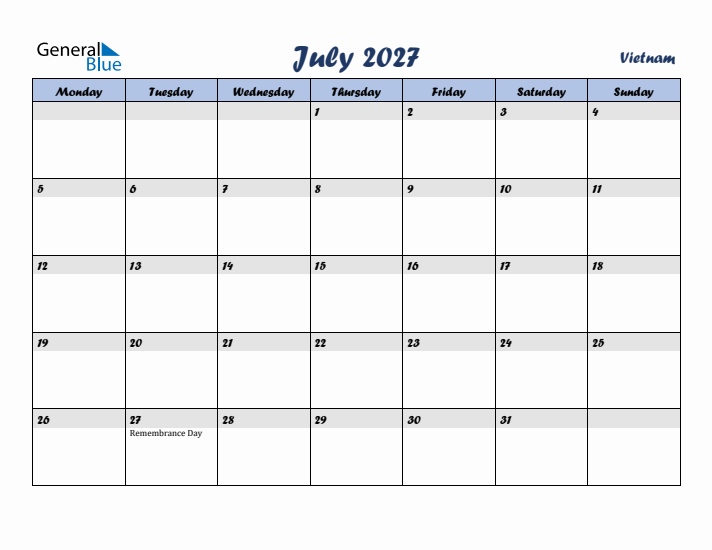 July 2027 Calendar with Holidays in Vietnam