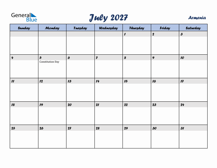 July 2027 Calendar with Holidays in Armenia