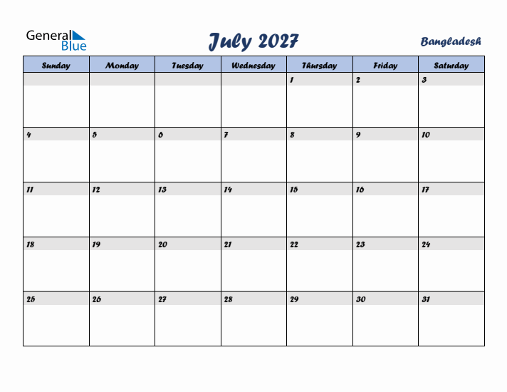 July 2027 Calendar with Holidays in Bangladesh