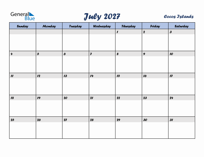 July 2027 Calendar with Holidays in Cocos Islands