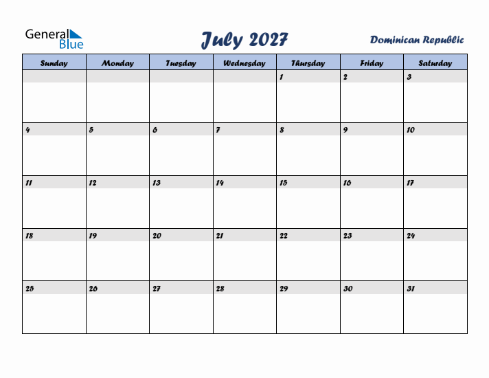 July 2027 Calendar with Holidays in Dominican Republic