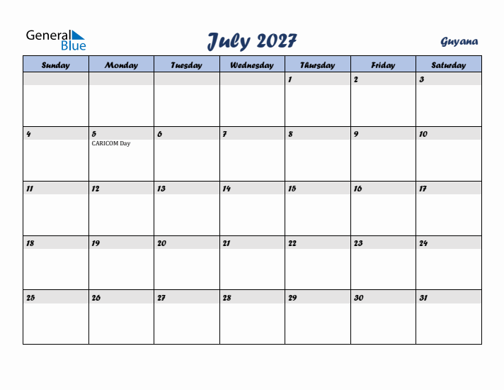 July 2027 Calendar with Holidays in Guyana