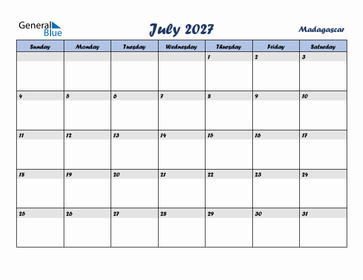 July 2027 Calendar with Holidays in Madagascar