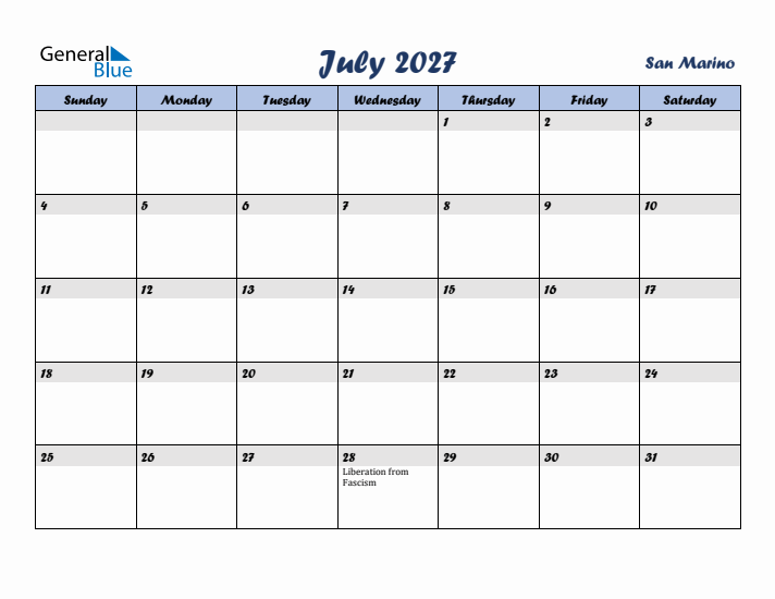 July 2027 Calendar with Holidays in San Marino