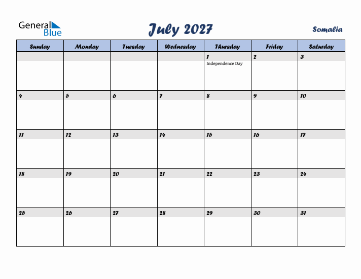 July 2027 Calendar with Holidays in Somalia