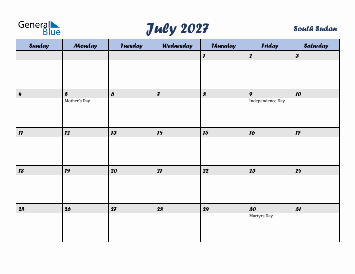 July 2027 Calendar with Holidays in South Sudan