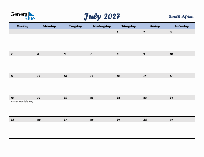 July 2027 Calendar with Holidays in South Africa