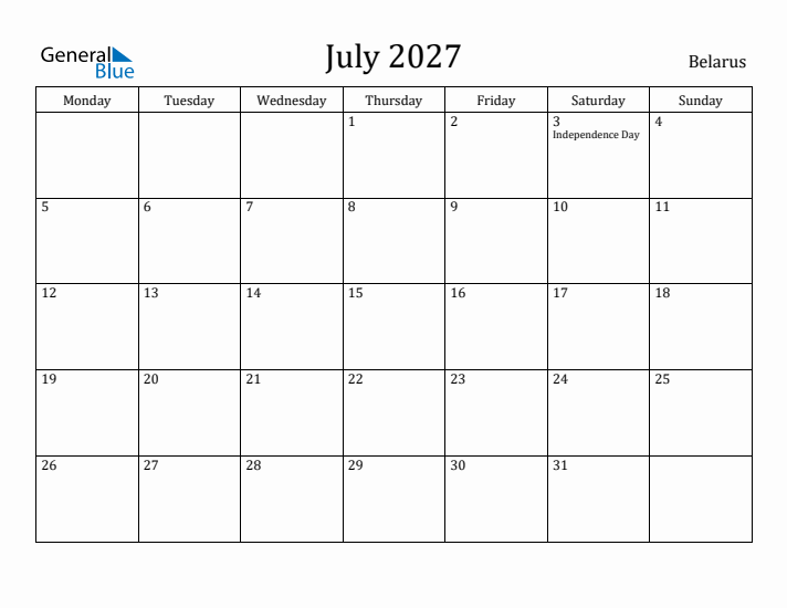 July 2027 Calendar Belarus