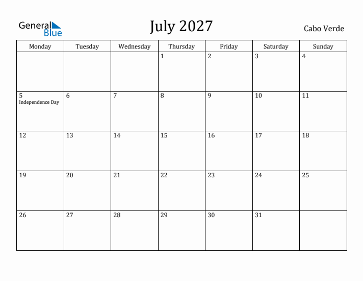 July 2027 Calendar Cabo Verde