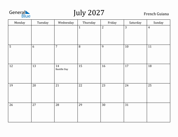 July 2027 Calendar French Guiana