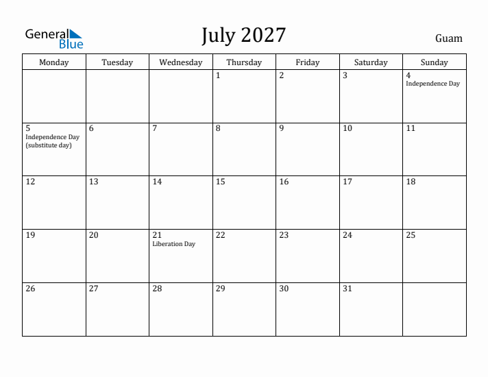 July 2027 Calendar Guam