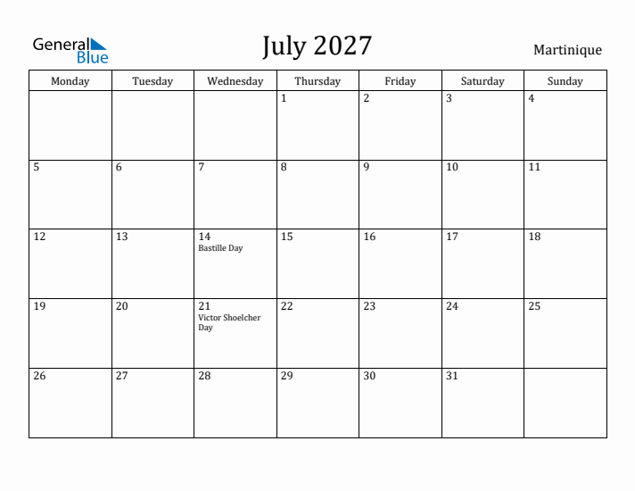 July 2027 Calendar Martinique