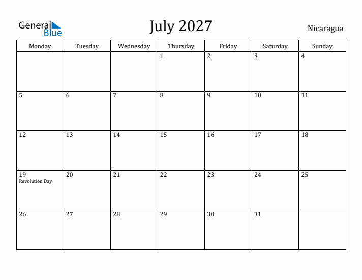 July 2027 Calendar Nicaragua