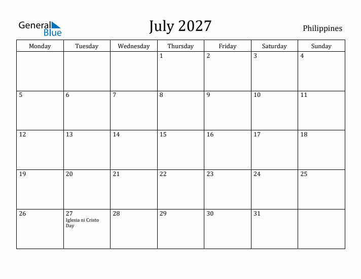 July 2027 Calendar Philippines