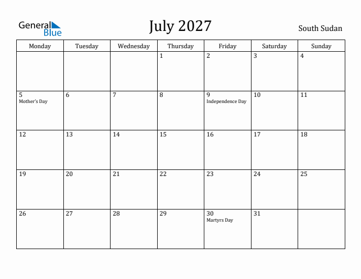 July 2027 Calendar South Sudan