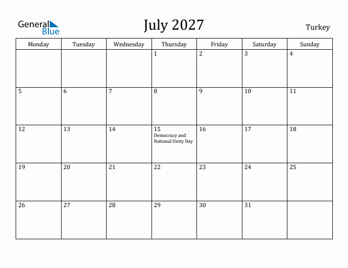 July 2027 Calendar Turkey