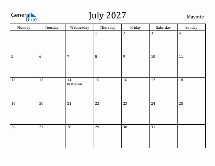 July 2027 Calendar Mayotte