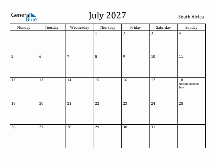 July 2027 Calendar South Africa