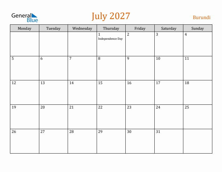 July 2027 Holiday Calendar with Monday Start