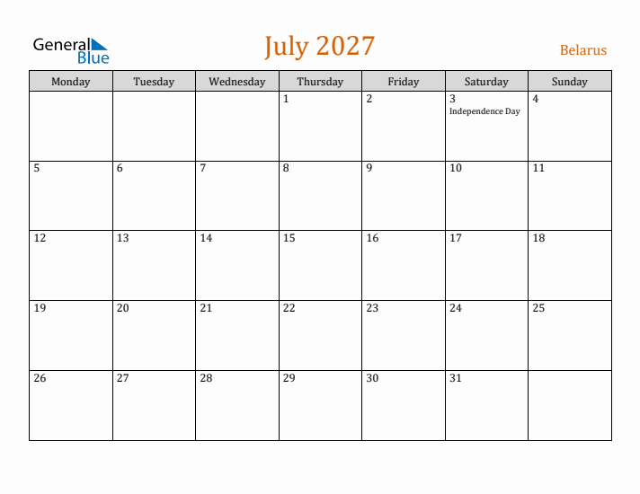 July 2027 Holiday Calendar with Monday Start