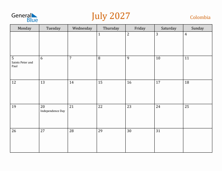 July 2027 Holiday Calendar with Monday Start