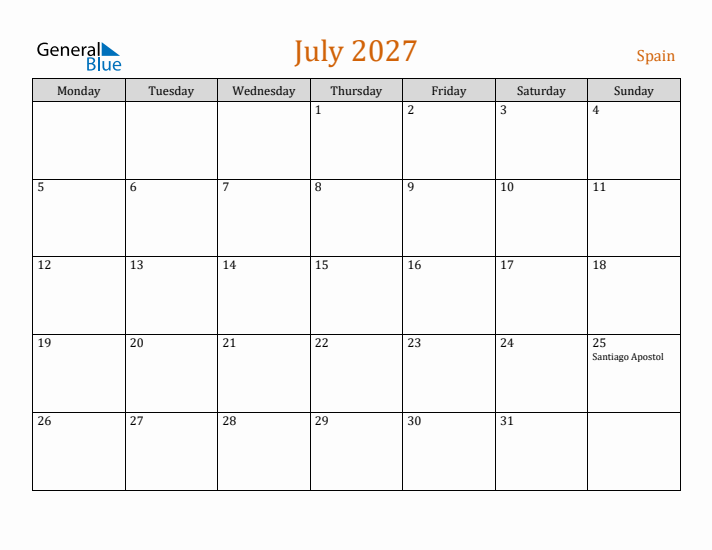 July 2027 Holiday Calendar with Monday Start