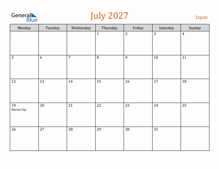 July 2027 Holiday Calendar with Monday Start